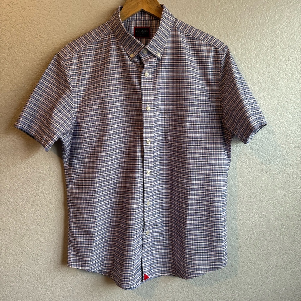 UnTuckit Blue Red White Plaid Blufled WF Large Wrinkle Free S/S Button Up Shirt
